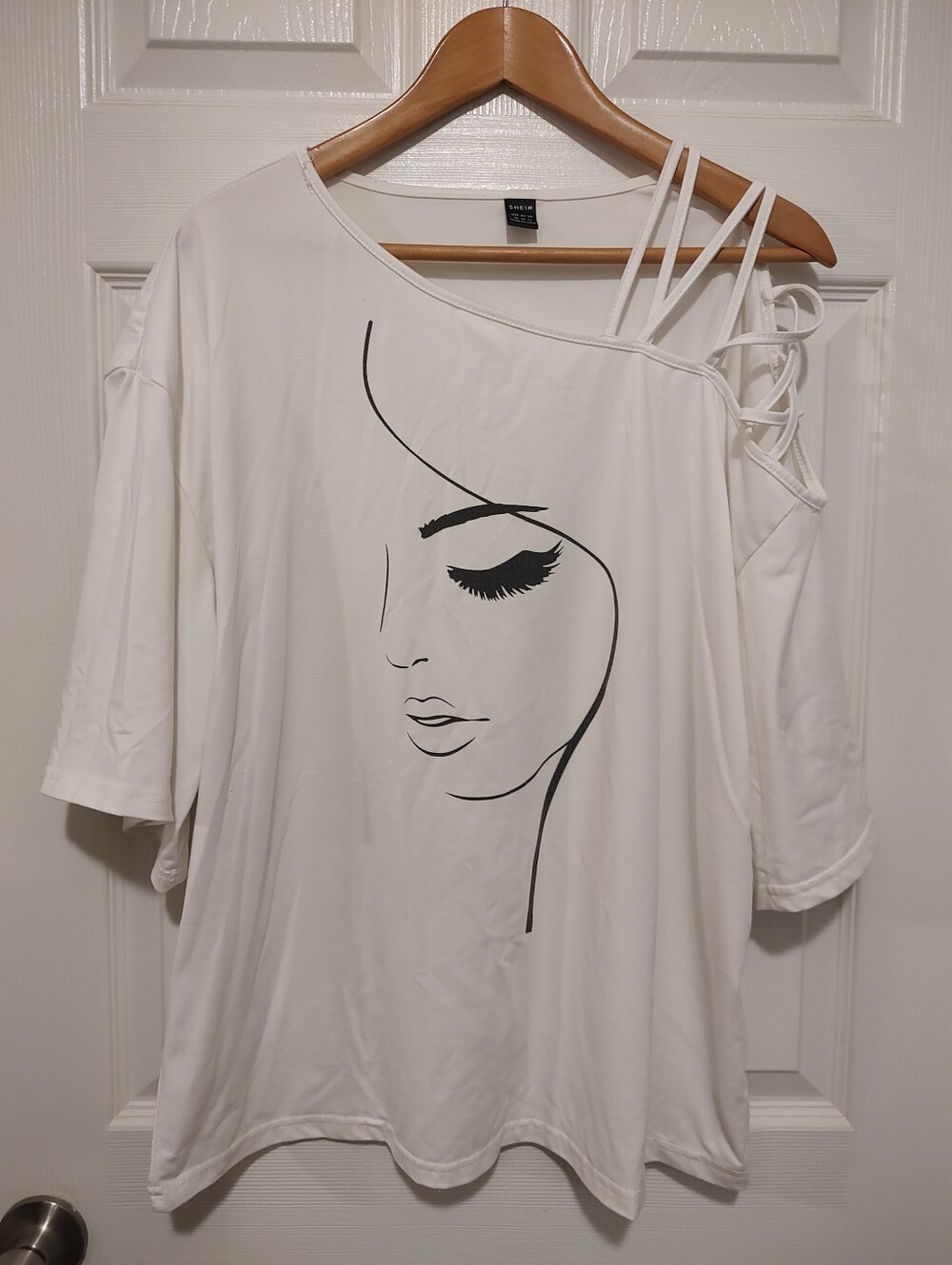 White Cold-Shoulder Graphic Top with Strappy Detail